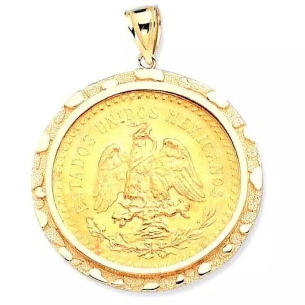 14k Real Solid Yellow Gold Nugget 50 Pesos Coin Bezel-Frame